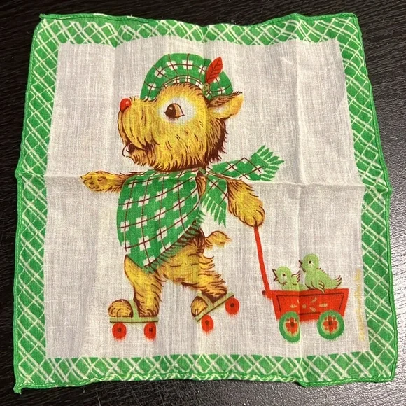 VTG Kitsch Hankie Dog On Roller Skates Wagon Of Chicks Handkerchief Hanky Hankie - Picture 2 of 7